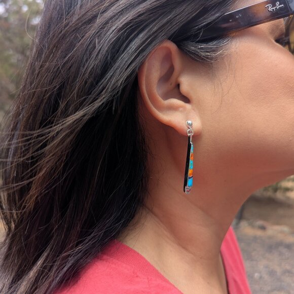 Handcrafted Navajo Sterling Silver Multi Stone Inlay Drop Earrings Jewelry ** - Picture 7 of 10